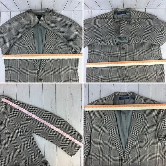 VTG 80's Brooks Brothers Black Wool Houndstooth Windowpane Blazer Size 46 Long - Picture 13 of 14